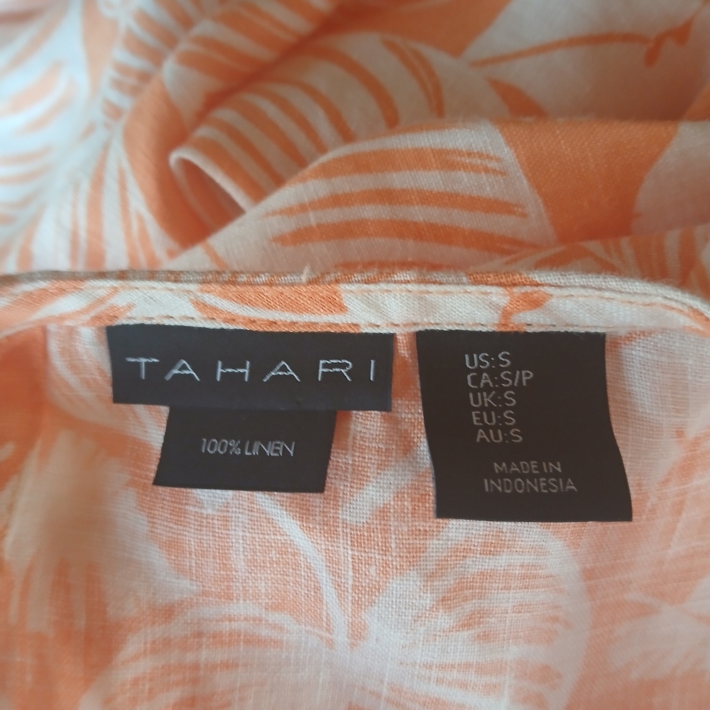 Tahari Sleeveless Orange & White Tropical Print Linen Midi Dress Small - Picture 7 of 8